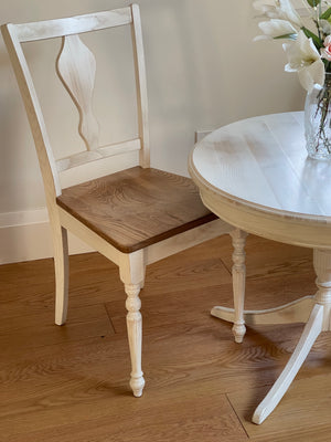 French cottage style chair, made out of solid Canadian hardwood Ash with round flouted front legs, solid seat and back.  size W=20" (50cm) D=18" (45cm) H=34" (85cm)  available in 2 colour variation   product shipped in pairs