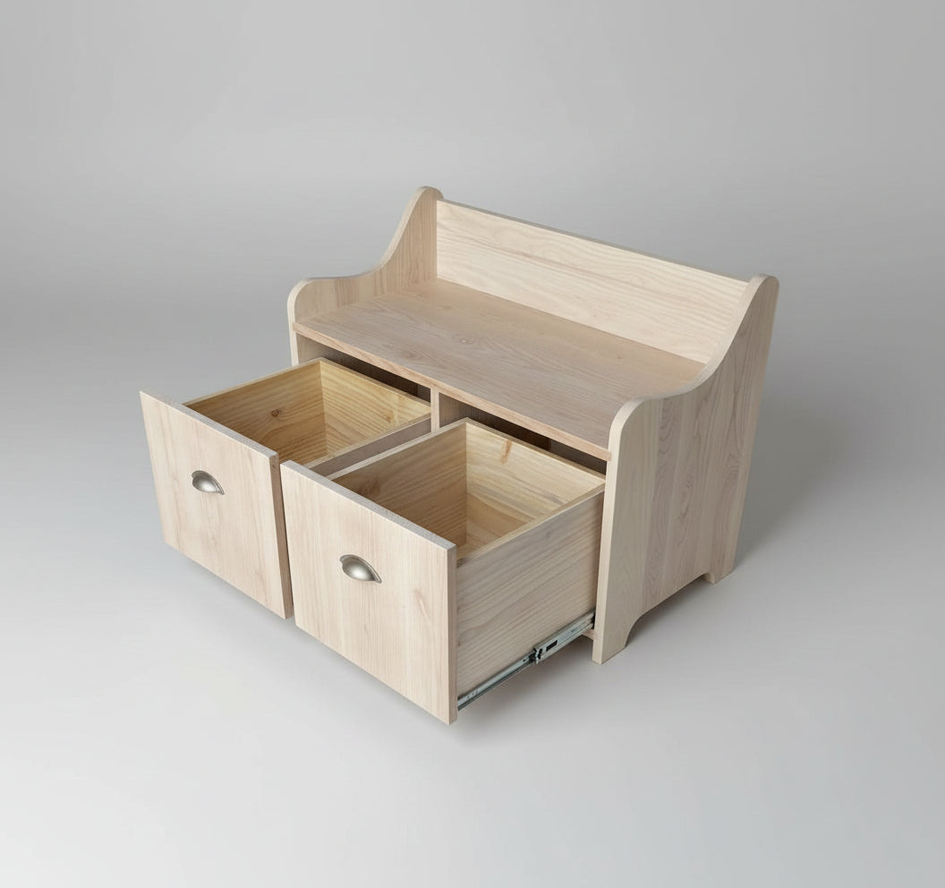 Wooden storage bench with two drawers on a gray background